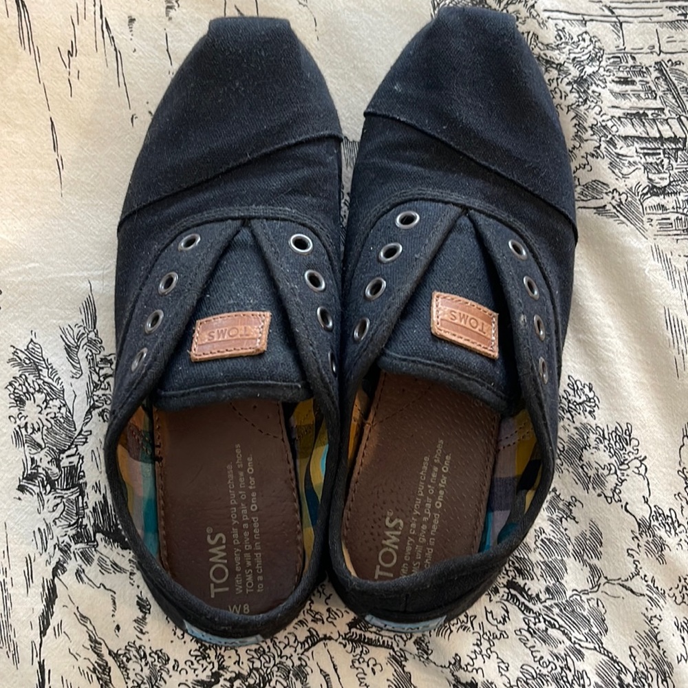 Black Toms Faux Lace Up Slip On Flats